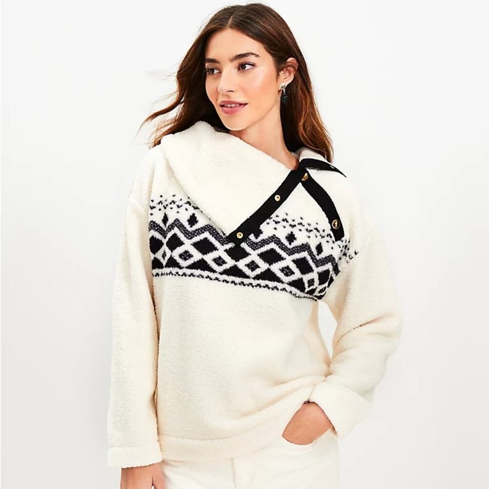 LOFT Fair Isle Cozy Sherpa Snap Collar Sweatshirt NWT (Sold Out OL)